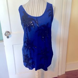 Apt 9 Blue and Black Sequined Detail Flowy Palm Tree Tank Top